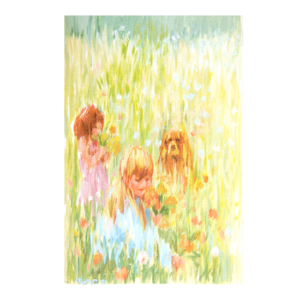 Kort med maleri av en hund og to barn som plukker blomster i en eng. Bilde.