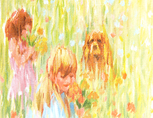 Kort med maleri av en hund og to barn som plukker blomster i en eng. Bilde.