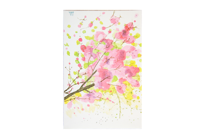 Kort med akvarell av en kvist med rosa blomster. Bilde.