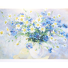 Kort med maleri av en vase fylt med prestekrager og blå blomster. Bilde.