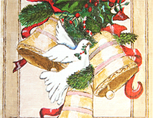 Kort med maleri av julebjeller med rød sløyfe, grankvister og en due med en kvist i nebbet. Bilde.