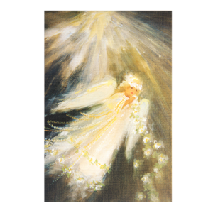 Kort med maelri av en engel som flyr med en lysende blomsterkrans og et lys bak. Bilde.