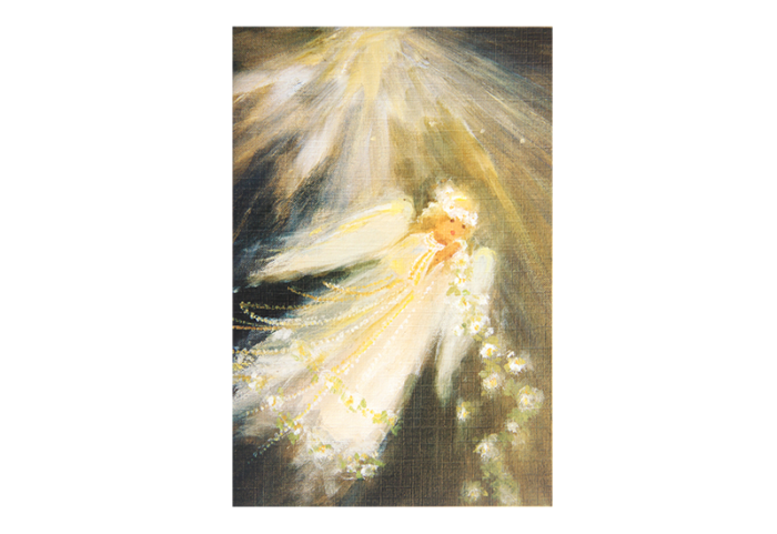 Kort med maelri av en engel som flyr med en lysende blomsterkrans og et lys bak. Bilde.