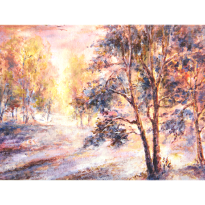 Kort med maleri av løvskog i morgensol. Bilde.