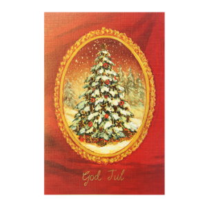 Kort med maleri av et pyntet juletre med gammeldags gullramme rundt på rød bakgrunn. God jul står skrevet med løkkeskrift under. Bilde.