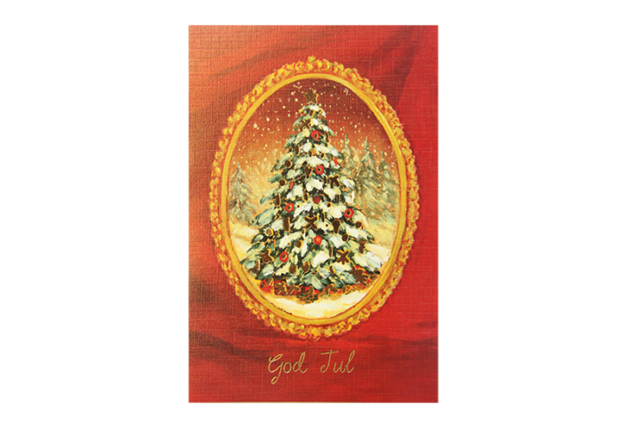 Kort med maleri av et pyntet juletre med gammeldags gullramme rundt på rød bakgrunn. God jul står skrevet med løkkeskrift under. Bilde.