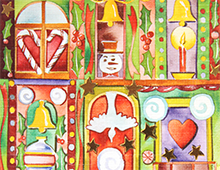 Kort med maleri av forskjellige julesymboler med gullramme. Bilde.