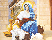 Kort med maleri av Jesusbarnet i krybben med Maria, Josef og et lam. Bilde.