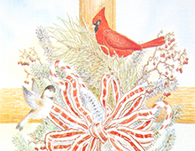 Kort med maleri av en juledekorasjon med sløyfe, gran, julekugler og fugler. Bilde.