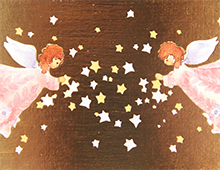 Kort med maleri av to engler som samler stjerner. Bilde.