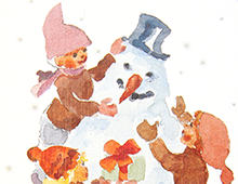 Kort med maleri av tre barn som lager en snømann. Bilde.
