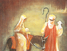 Kort med maleri av Josef og Maria og Betlehemsstjernen. Bilde.