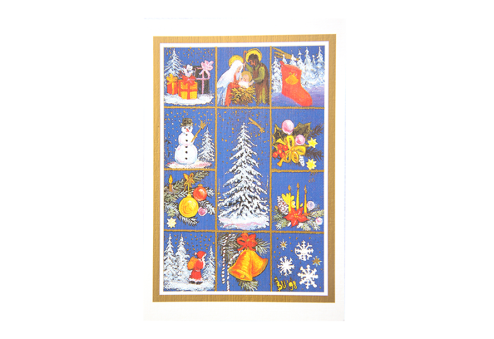 Kort med maleri av forskjellige julemotiver idelt opp i felter. Snedekket tre i midten, rundt om finnes julesokk, julepynt, nisse, snekrystaller, snemann, bjeller, Jesusbarnet med Josef og Maria, julekuler og gaver. Bilde.