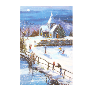 Kort med maleri av en kirke med lys i b´vinduene midtvinters i snøvær. Rundt ser vi barn som leker og folk på vei til kirken. Bilde.