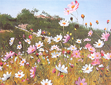 Kort med maleri av en eng med rosa og hvite blomster. Bilde.