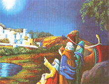 Kort med motiv av de tre vise menn som peker på julestjernen over Betlehem. Bilde.