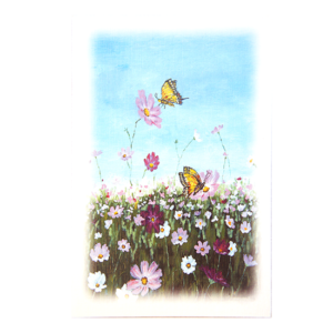 Kort med motiv av en sommereng med rosa og hvite blomster og to sommerfugler. Bilde.