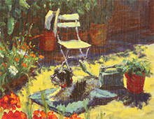 Kort med maleri av en hund som ligger på en patio i en have. Krukker med blomster og en stol med en stråhatt hengende på stolryggen sees. Bilde.