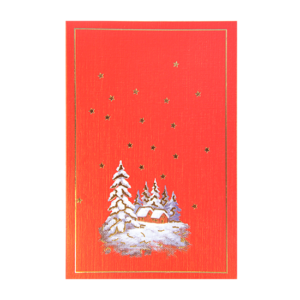 Rødt kort med smal gullramme og motiv av snedekkede hytter i skogen. Gullstjerner. Bilde.