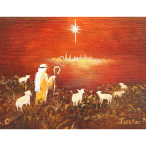 Kort med motiv av en hyrde som ser på julestjernen over Betlehem. Bilde.