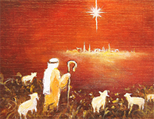 Kort med motiv av en hyrde som ser på julestjernen over Betlehem. Bilde.