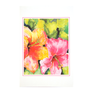 Kort med motiv av akvarell med nærbilde av to rosa blomster. Bilde.