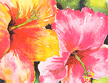 Kort med motiv av akvarell med nærbilde av to rosa blomster. Bilde.