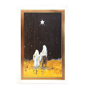 Kort med motiv av Josef og Maria på et esel med julestjernen på himmelen. Bilde.