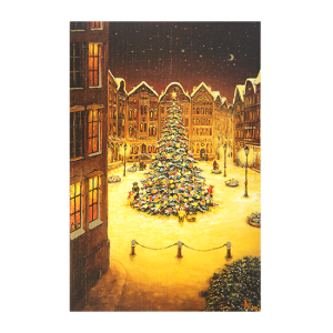 Kort med maleri av et stort pyntet juletre på en plass i en by. Bilde.