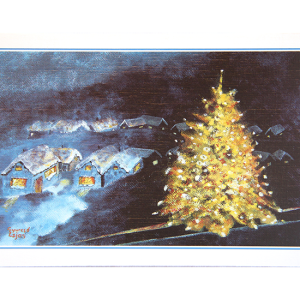 Kort med malt motiv av et lysende juletre ute i sneen. Noen hus skimtes bak. Bilde.