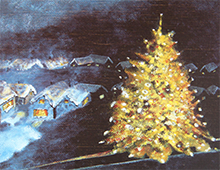 Kort med malt motiv av et lysende juletre ute i sneen. Noen hus skimtes bak. Bilde.