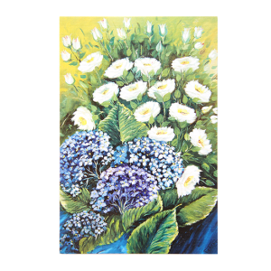 Kort med motiv av blå og hvite blomster. Bilde.