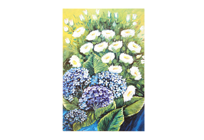 Kort med motiv av blå og hvite blomster. Bilde.