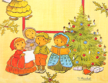 Kort med motiv av barn, juletrær og en snemann. Gullramme. Bilde.