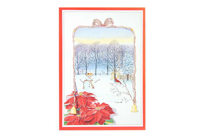 Kort med motiv av en juletjerne foran. I en ramme laget av sløyfebånd med bjeller sees en snømann i vinterlandskap. Bilde.