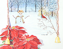 Kort med motiv av en juletjerne foran. I en ramme laget av sløyfebånd med bjeller sees en snømann i vinterlandskap. Bilde.