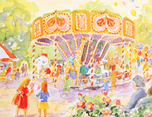 Kort med motiv av et tivoli med en karusell og mange barn. Bilde.