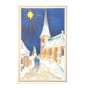 Kort med maleri av en snedekket kirke med julestjernen skinnende på himmelen. Bilde.