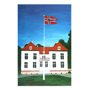 Kort med motiv av Eidsvollsbygningen med det norske flagget vaiende i vinden forann. Bilde.