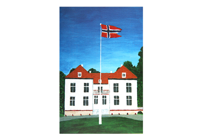 Kort med motiv av Eidsvollsbygningen med det norske flagget vaiende i vinden forann. Bilde.