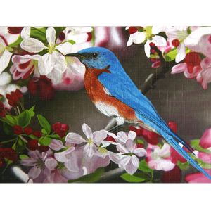 Kort med motiv av en liten fugl mellom blomster på en gren. Bilde.