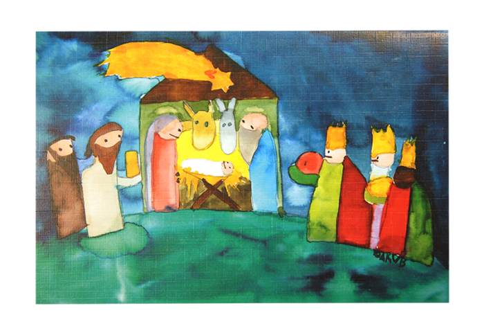 Kort med motiv av Jesusbarnet i stallen og de tre vise menn. Bilde.