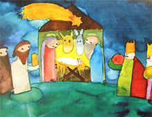 Kort med motiv av Jesusbarnet i stallen og de tre vise menn. Bilde.