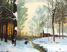 Maleri med motiv av en elv i en snedekket skog. Vi ser også et hus og to mennesker. Bilde.