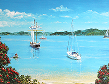 Maleri av båter ved stranden. Bilde.