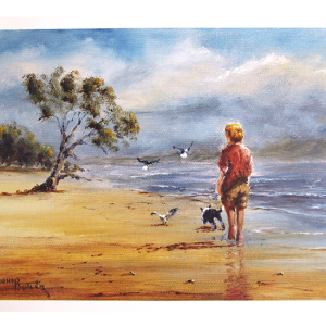 Maleri med motiv av en gutt og en hun på en strand. Bilde.