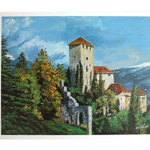 Maleri av et slott langs fjellsiden. Bilde.