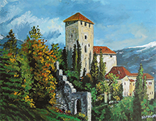 Maleri av et slott langs fjellsiden. Bilde.