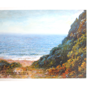 Maleri med motiv av landskap ved kysten. Bilde.