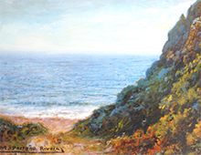 Maleri med motiv av landskap ved kysten. Bilde.